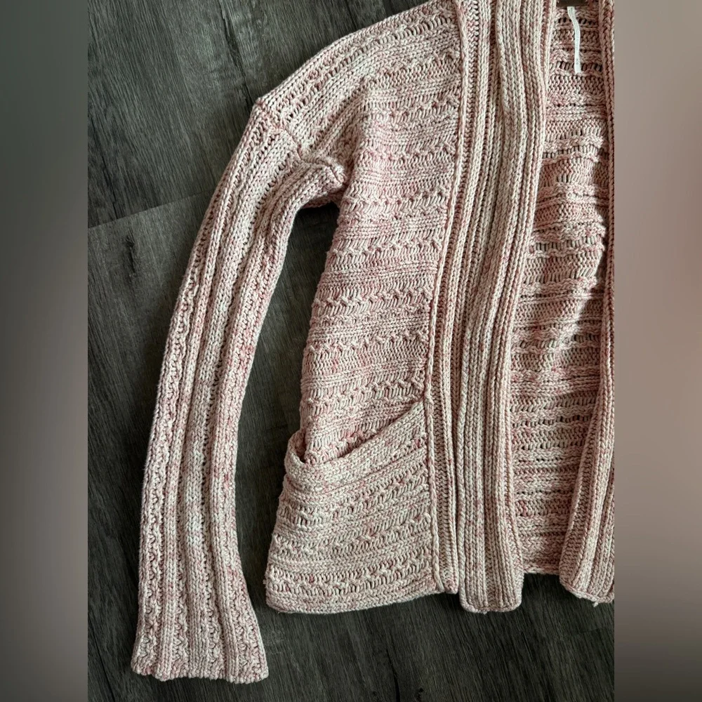 Free People Open Front Knit Cardigan Sweater Size M Pink Cream Boho Casual - Picture 7 of 9